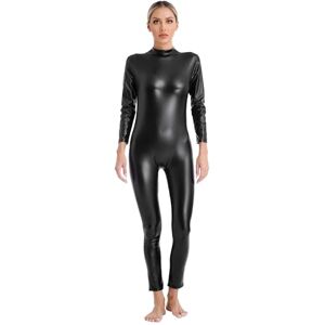 Doomiva Women Metallic Unitard Long Sleeve Catsuit Bodysuit Slim-fit Jumpsuit Zipper Back Catsuit Dancewear Black M