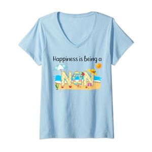 Vintage Summer Happiness Is Being A Nan Beach Womens Vintage Summer Happiness Is Being A Nan Retro Beach V-Neck T-Shirt