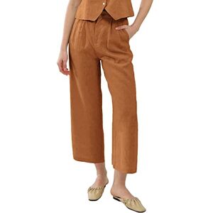 Amazhiyu Womens Linen Trousers, Pure Linen Pleated Front Wide Leg Straight Cropped Ankle Pants Brown XL