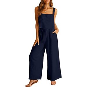 FunAloe Linen Trouser Suits Round Neck Crop Basic Top Button Back Tops Linen Outfits 2 Piece Set with Pocket Two Piece Wide Leg Pants Set Two Piece Outfits Summer, 02-dark Blue