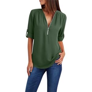 Generic Long Sleeve Tops for Women UK Summer Zipper V Neck Solid Colour Blouse Ladies Casual Loose Fit T Shirts Elegant Dressy Tunics