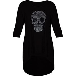 STAR FASHION Diamante Skull 3/4 Quarter Sleeve Ladies Round Scoop Neckline Casual Stretch Dipped Fishtail Asymmetrical Shirt Tunic Top Plus Size for Woman, Black (UK 26-28)