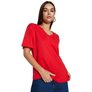 Trendyol Women Boyfriend Basic V Neck Knit T-Shirt,Red,XS