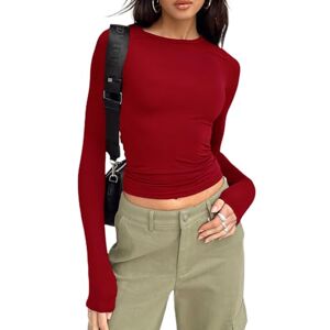 Yileegoo Women's Slim Fit Crop Tops Casual Solid Color Crew Neck Long Sleeve Tight T-Shirt Basic Blouse Tee Tops (Red, L)