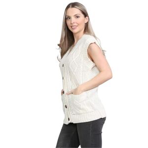 Comfiestyle Womens 5 Button Sleeveless Cable Knitted Cardigan Ladies 2 Pockets Winter Grandad Sweater (20-22, Cream)