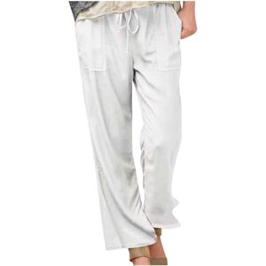 Generic F-634 White Loose Fit Pants for Ladies Fall Summer Faux Gauze Linen Lounge High Cut Flare Wide Leg Tie Knot Straight Leg Basic Long Boot Cut Leg Pants Womens 2024 3XL