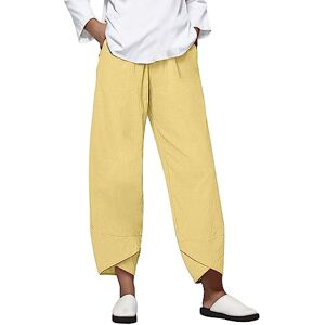 FULKAN Vest Tops Women UK Womens Casual Summer Cotton Linen Capris Trousers Elastic High Waist Plus Size Loose Fit Cropped Wide Leg Harem Yoga Beach Pants with Pockets(02-Yellow,4XL)