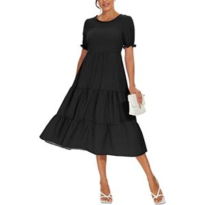 YUNDAI Women's Summer Casual Maxi Boho Dress Floral Print Ruffle Puff Sleeve High Waist Modest Long Dresses, Small Black