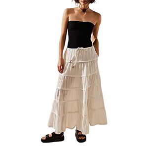 FeMereina Women's Elastic High Waist Boho Maxi Skirt Tiered Long Skirts Drawstring A Line Beach Skirts Summer Ruffle Flowy Skirts (White, S)