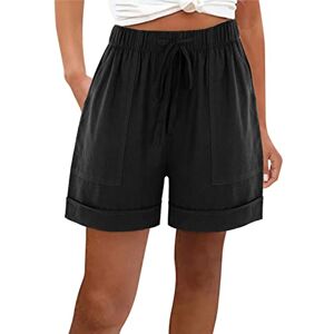 Amhomely Womens Pants Sale Clearance AMhomely Summer Shorts for Women UK Plus Size with Pocket Elastic High Waist Cotton Linen Shorts Solid Wide Legs Shorts Drawstring Shorts Straight Legs Tracksuit Bottoms Ladies Beach Shorts Black 3XL