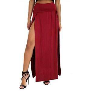 Womens Double Split Maxi Skirt Ladies Plain Basic Two Side Slit Stretchy Long Skirt Wine