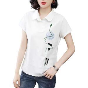 XYMJT T Shirts For Women Summer Women's Fashionable Printed T-shirt Lapel Cotton T-shirt Casual Short-sleeved Loose Pullover Top-white-xl