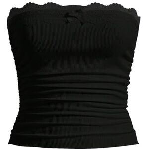 WangsCanis Summer Strapless Tube Top for Women Y2k Off Shoulder Bandeau Crop Top Aesthetic Backless Tank Tops (Lace Black, M)