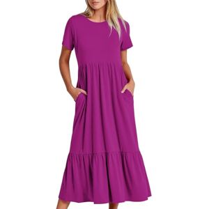 Summer Dresses For Women Uk AMhomely Long Dresses for Women UK Summer Maxi Dress Solid Color Short Sleeve A Line Dress Tiered Midi Dress Tunic Swing Dress Skater Dress Work Office Dress