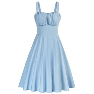 50s Vintage Solid Color Sleeveless Flowy Summer A-Line Defined Waist Dress for Women Light Blue 380-03 XXL