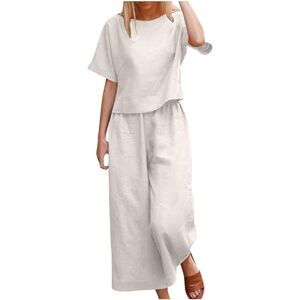 LCDIUDIU Summer Cotton Linen Wide Leg Pants Sets Women 2 Piece Outfits, Pink Plain Crew Neck Pullover Short Sleeve T-Shirt Top Casual Stretch Straight Trousers Suits Elegant Co Ord Sets White L