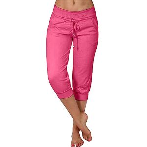 Generic Summer New Casual Cropped Elastic Pants for Women Fashion Casual Fashion Shorts Pants Solid Ppants Jean Wide Two-tone, Hot Pink, XXL