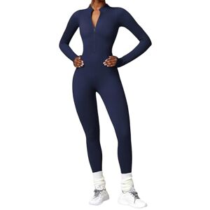 Springcmy Women Yoga Jumpsuit Sports Romper Long Sleeve Unitard Stretchy Playsuit Ribbed Knit Zip Up Workout Outfit Slim Fit One Piece Bodycon Bodysuit Fitness Sportswear (A-Dark Blue, M)