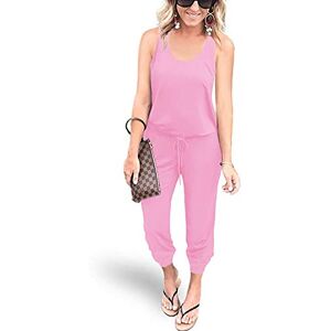 REORIA Women Summer Casual Sleeveless Jersey Jumpsuits Elastic Waist Loose Jumpsuit Vacation Rompers with Pockets Light Pink Large