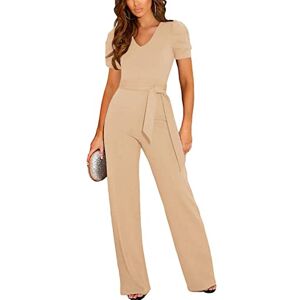 Generic Jumpsuit for Women Short Sleeve Wide Leg Pants V-Neck Playsuit Ladies Elegant Trouser Suit with Belt Jumpsuit Ladies Summer Blazer,apricot,S