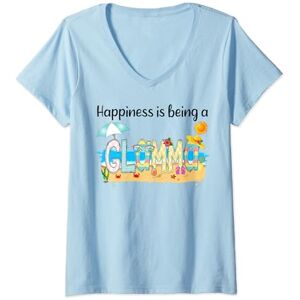 Vintage Summer Happiness Is Being A Glamma Beach Womens Vintage Summer Happiness Is Being A Glamma Retro Beach V-Neck T-Shirt