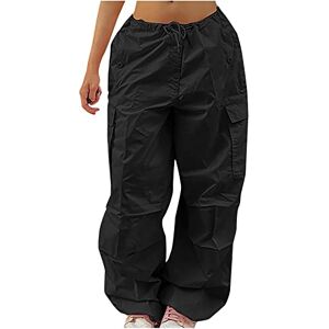 Womens Loose Baggy Cargo Trousers with Pockets Low Waist Y2K Trousers Casual Wide Leg Parachute Pants with Drawstring Street Style Overalls Clearance Black