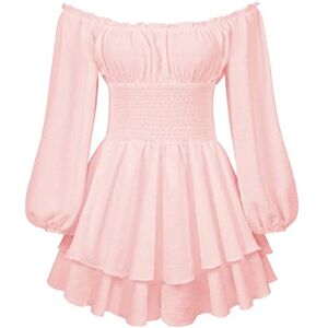 Femereina Women Off Shoulder Ruffle Shorts Romper Ruffle Hem Chiffon Short Fairy Princess Mini Dress Smocked Layered Chiffon Boho Mini Jumpsuits (Pink, L)