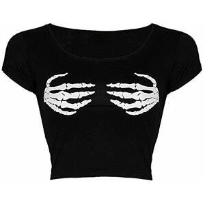 Fairy Trends Ltd FAIRY TRENDZ LTD Womens Halloween Hands Skeleton Crop Top Ladies Crew Neck Scary Fingers Printed Mini Shirt (Black UK 12-14)