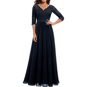 SANSIWU Women's Formal V Neck Lace Short Sleeve Evening Dress Solid Color Vintage Backless High Waist Long Dress Cocktail Bridesmaid Party Prom Dress (B-Dark Blue, XL)