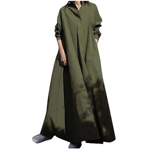 Cotton Linen Dress Maxi Kaftan Dresses for Women UK Elegant Long Sleeve Button V Neck Dress Casual Summer Shirt Dresses Baggy Boho Sundress Plain Basic Tunic Dress Office Work Plus Size 22 Army Green