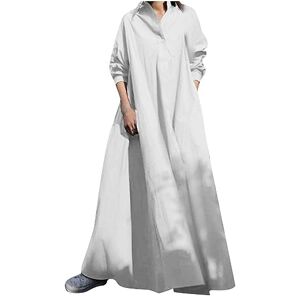 wuitopue Cotton Linen Dresses for Women UK Plus Size Muslim Abaya Dress Long Sleeve V-Neck Loose Maxi Dress One-Piece Praye Hijab Dress Ladies Casual Spring Fall Baggy Dress