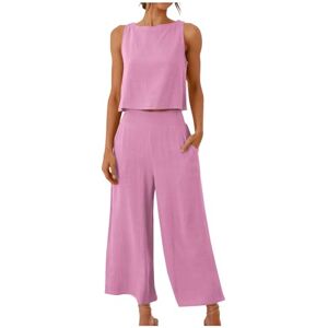 Clearance,Hot Sale,Cheap,Big Promotion!! 2 Piece Outfits for Women Sleeveless Jumpsuits for Women Linen Sets for Women 2 Piece Wide Leg Pants for Women Round Neck Crop Basic Top Button Back Tops Women's Linen Trouser Suits with Pocket Sale