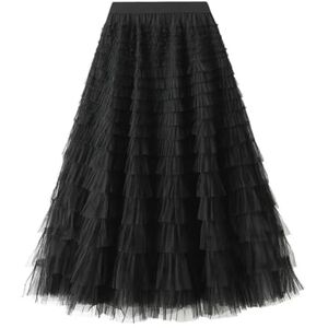 KOGORA skirt Spring Party Skirt Elastic High Waist Long Tulle Skirt Women Skirt Ladies-Black-L