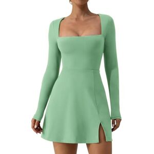 Qtinghua Women's Y2K Square Neck Bodycon Dress Long Sleeve Side Slit Flare Mini Dresses Party Club Streetwear (B Green, M)