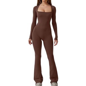 Yoisdtxc Women's Long Sleeve Square Neck Solid Color Slim Fit Jumpsuit Wide Leg Full Length Jumpsuit Jumpsuit (A-Dark Brown, S)