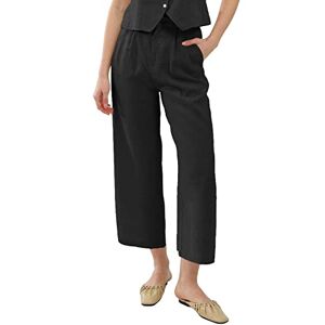 Amazhiyu Womens Causal Linen Trouserss, Pure Linen Pleated Front Wide Leg Straight Cropped Ankle Pants Black XL