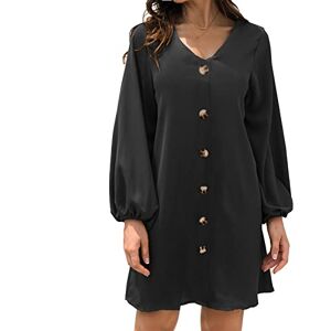 Generic Women's Casual Solid Color T-Shirt Dresses Long Sleeve Tunic Loose Swing Dress Summer Button Down V Neck Mini Dress, Black, X-Large