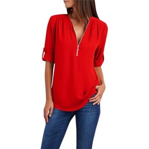 Generic Long Sleeve Tops for Women UK Summer Zipper V Neck Solid Colour Blouse Ladies Casual Loose Fit T Shirts Elegant Dressy Tunics Red