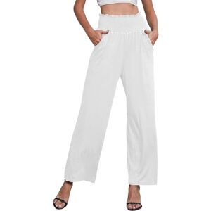 Joligiao Summer Casual Trousers for Women UK Solid Elastic Waist Trousers Loose Petite Wide Leg Lounge Pants Soft Cropped Palazzo Trousers with Pockets(White,XXL)