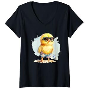 Nice Chicken Outfit Womens Bespectacled Chicken in Shorts for Summer V-Neck T-Shirt