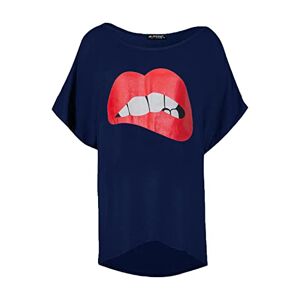 Be Jealous Fashion Star Womens Lips Lagenlook Batwing Round Neck Oversized Baggy High Low Tee Top Lips Navy Plus Size (UK 16/18)