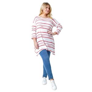 Roman Curve Stripe Hanky Hem Stretch Top for Women UK - Ladies Spring Everyday Summer Break Round Neckline Comfy 3/4 Sleeve Soft Jersey Shirt Relaxed Fit T-Shirts - Red - Size 22