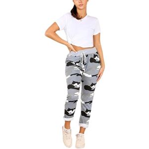 asfashion online Womens Elastic Waist Turn Up Italian Trousers Floral Print Side Pocket Drawstring Summer Pants (Grey Camouflage UK 12-14)