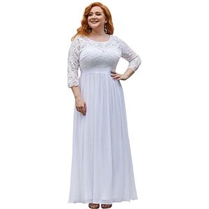 Ever-Pretty Women's A Line 3/4 Sleeves Round Neck Lace Floor Length Elegant Plus Size Bridesmaid Dresses White 30UK