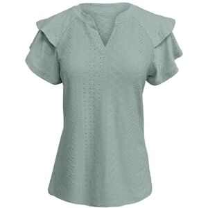 Lightning Deals Of The Day Prime Sale Angxiwan Shirts for Women UK Women's Solid Color Double Sleeved V Neck Loose Short Sleeved T Shirt Fashionable Casual Top New Women's Summer Clothing Summer Clothes for Women Green