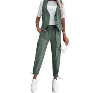 Shinroad Women Striped Vest Office Wear Suit 2 Pcs/Set Pants Set V Neck Sleeveless Single-Breasted Waistcoat High Waist Drawstring Hem Green S