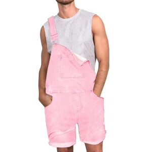 YKUYDKU Denim Dungarees Men's Skinny Denim Shorts Overalls Summer Dungarees Jumpsuit Braces Jeans Trousers Slim Fit Work Dungarees with Pockets(Pink,XXL)