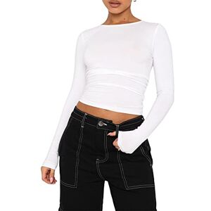 Yoisdtxc Women's Long Sleeve Slim Fit Cropped Top Casual Solid Color Crewneck Shirt Basic Shirt T Shirt Aesthetic Streetwear (A-White, S)