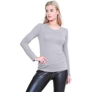 janisramone Womens Long Sleeve T-Shirt Ladies Round Neck Plain Casual Stretchy Tee Fitted Jersey Basic Top Grey