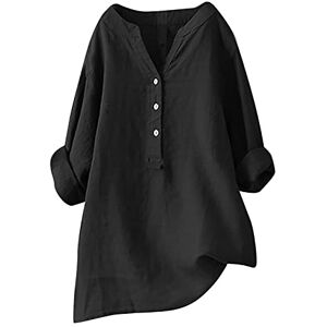 Find A Gift Cotton and Linen Tunic Shirts for Women V-Neck Long Sleeve Blouse Solid Color Button Tee Shirts Summer Shirts Casual Loose Mid-Length T-Shirts Daily Outgoing Wears Black